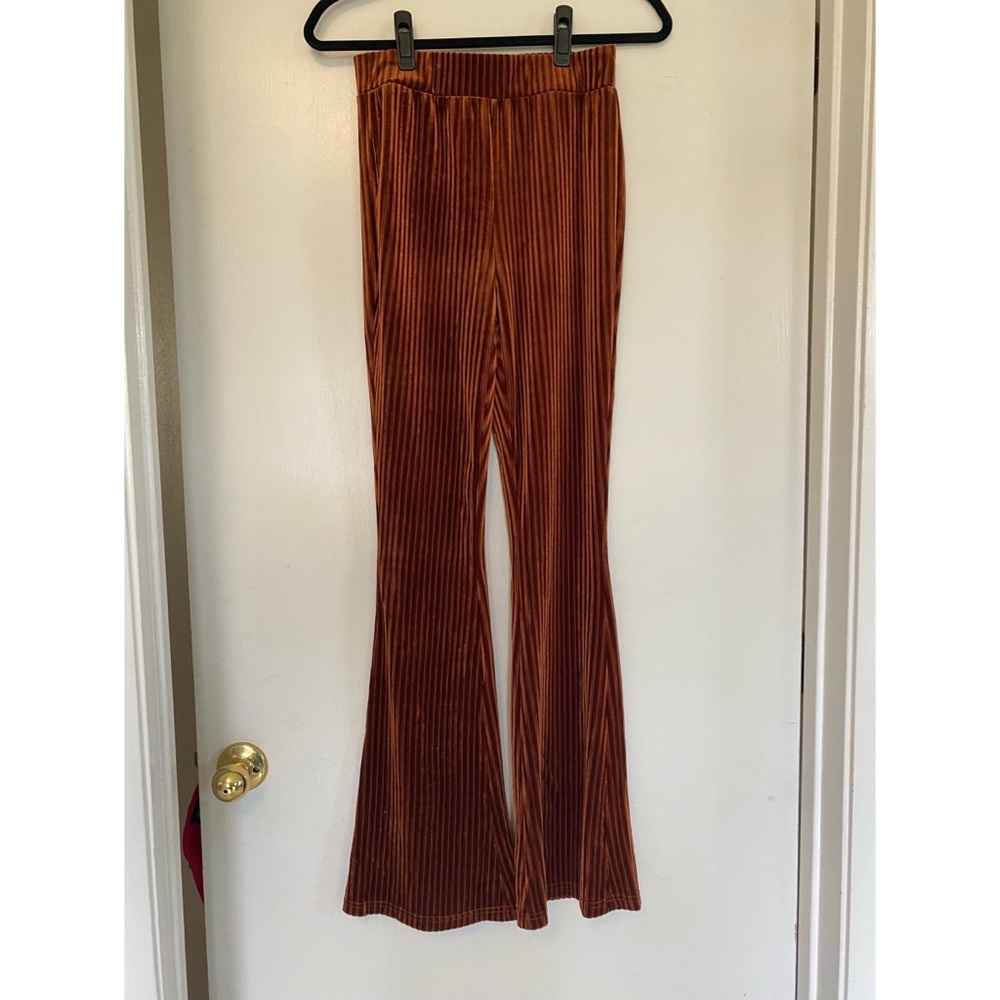 Shein velvet ribbed high waist rust orange bell bottoms pants